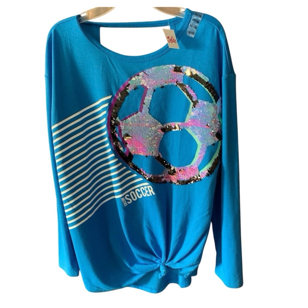 JUSTICE Soccer Top Reversible Sequins Tie Front Blue Girls Size 14-16 New